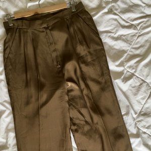 Vintage Pleated Olive Green Silk Slacks Trousers